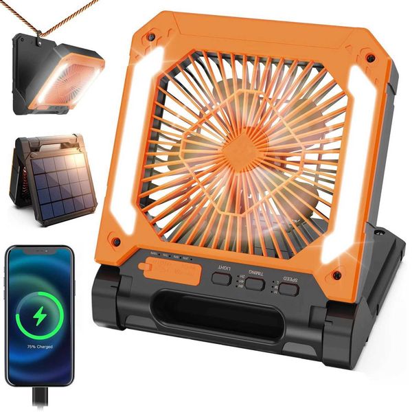 Portable Solar Camping Fan with Light3Speeds Rechargeable 10000mAh Battery PoweredTimerHookPowerBank for Hiking Picnic RV T260520