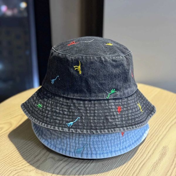 New Summer Beach Denim Bucket Hat For Women Embroidery Dinosaur Cute Students Designer Fisherman Cap Outdoor Sunshade Gift C260521