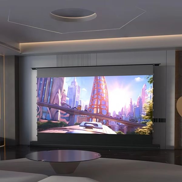 FSATP7 Electric Floor Rising Projection Screen with Gray Perforated Acoustically Transparent Ambient Light Rejecting Surface