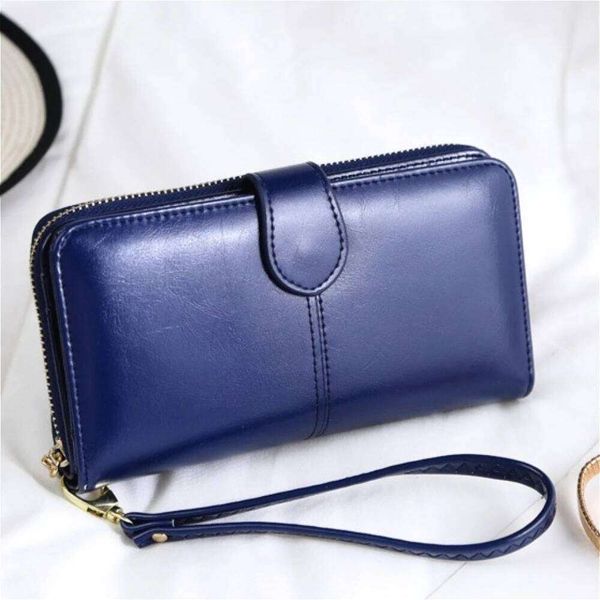 New Bestselling Women's Long Wallet Vintage Waxed Leather Multi-card RFID Blocking Clutch with Zipper Snap Closure&Phone Pocket