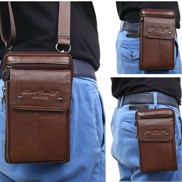 Men Small Shoulder Messenger Hook Waist Bag Made of Genuine Leather Cell/Mobile Phone Case Cross Body Male Fanny Belt Pack Bags