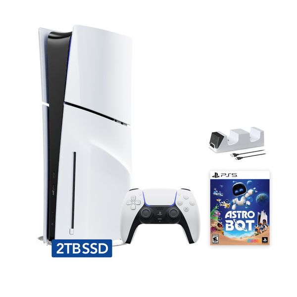 BRAND NEW ORIGINAL PlayStation 5 Slim Disc 2TB SSD Edition Bundle with Astro Bot and C-Gamers Dual-Controller Charger - PS5 Upgraded with 2TB Ultra Fast SSD.