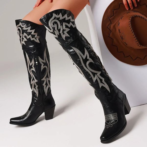 Women Over The Knee Western Boots Cowboy Chunky High Heel Square Toe Side Zipper Shoes Vintage Leisure Dressy Cowgirl Boots US 260519BJ