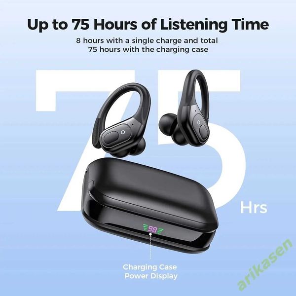 Bluetooth Headphones Wireless Earbuds 53 Sports Earbuds 75H Playtime IPX7 Waterproof LED Power Display Over Ear Buds Deep Bass T26052513LJ