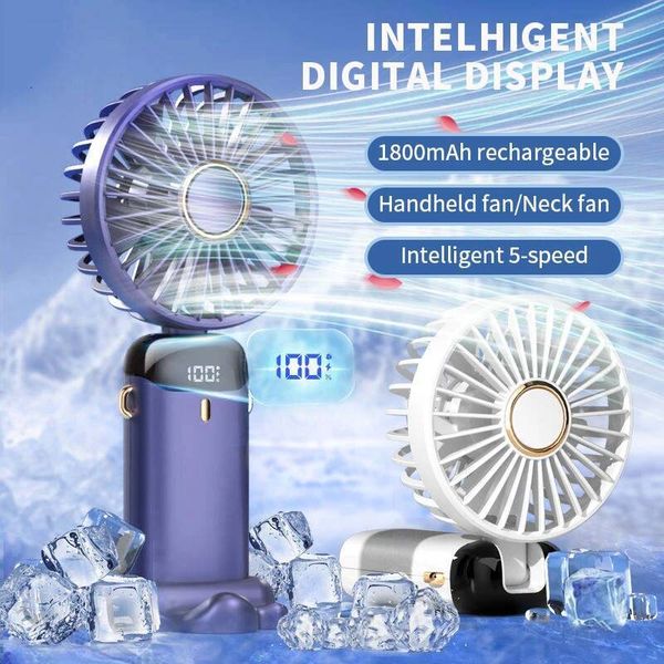 Portable Handheld Mini Foldable Neck Hanging Fans 5 Speed USB Rechargeable Fan with Phone Stand and Display Screen 1800mAh ddmysaturn