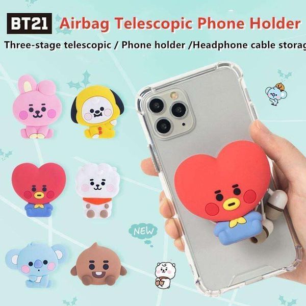 BTS BT21 Phone Stand Btsmerch Retractable Airbag Grip Desktop Holder Convenient Cute Cartoon Mobile Phone Finger Ring Cable Organizer Accessory