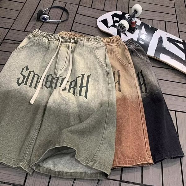 Designer Clothes Men's Denim Shorts High Street Gradient Drawstring Loose Straight Vintage Casual Shorts For Youth Streetwear