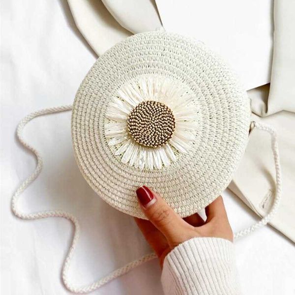 Bag Flower Graphic Circle Straw Vintage Shoulder Beach Bag Womens Crossbody Purse Mini Floral Decor Straw Crossbody Bag H260701