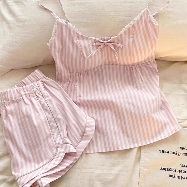 Summer Selling Womens Suspender Pajamas Home Suit Set with Stripes and Chest Pads Short Sleeved Shorts 260630