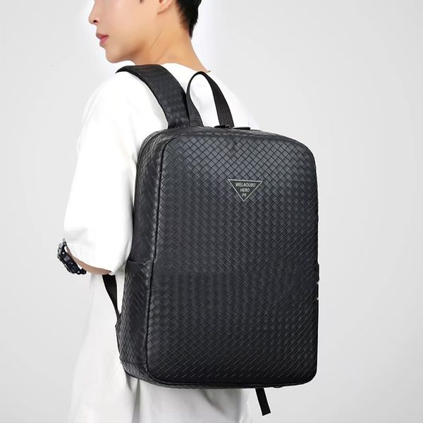 Black Woven Texture Laptop Backpack Triangle Label Waterproof Adjustable Strap Large Capacity Daily School Travel Rucksack For Men Women