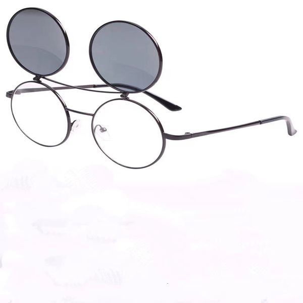 Korean-style retro round sunglasses large frames, prince-style for men and women, metal flip-up sun glasses with double-layer lenses