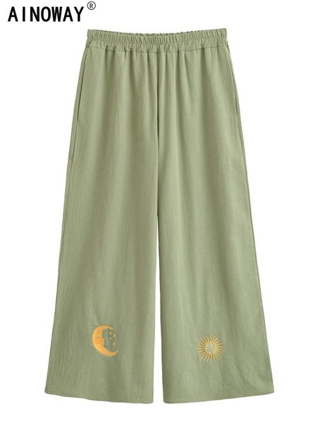 Vintage Chic Women Wild Sun and Moon Embroidery Bohemian Wide Leg Pants Lady Elastic Waist Linen Cotton Vacation Boho Trousers 260701