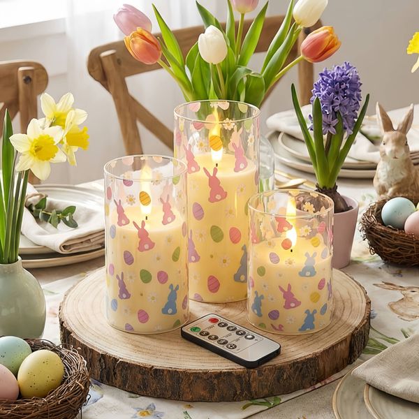 3-Piece LED Light-Up Easter Bunny And Egg Flameless Candle Set| Powered By AA Batteries, Non-Rechargeable