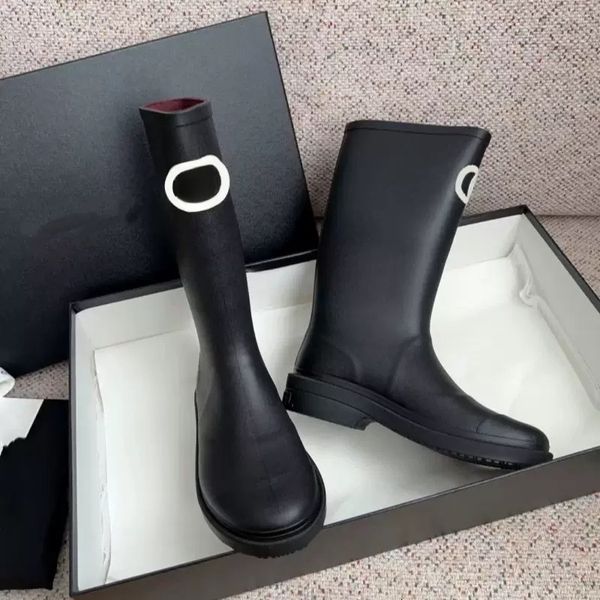 Long Rain Over-The-Knee Fashion Style Riding Boots, Black Round-Toe Waterproof And Non-Slip Mid-Calf Water Boots For Women
