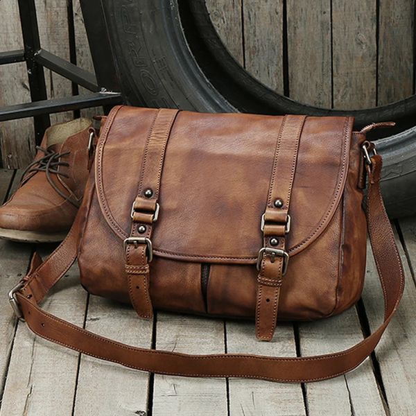 Vintage Genuine Leather Messenger Bag men Shoulder Men Crossbody male Fashion Casual Sling Leisure Bags Brown 260702