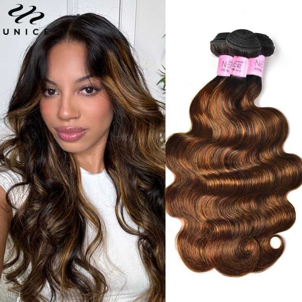 Unice Hair Brown Highlight Body Wave Human Bundles 1/3/4 PCS Deal 100 Balayage Colored Sew In Weaves T260704