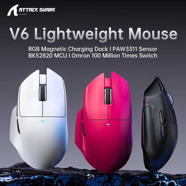 ATTACK SHARK V6 Wireless Gaming erlight Mouse with RGB Magnetic Charging DockPAW3311 Sensorro Gaming Mouse J260707