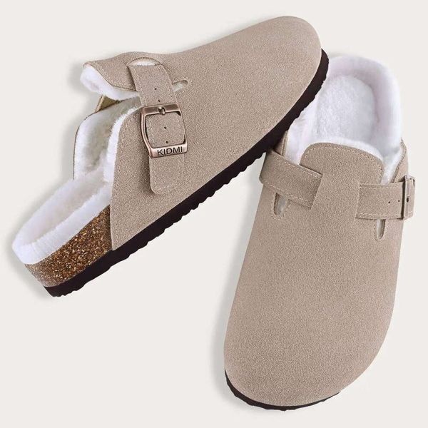 Shevalues Winter Suede Slippers Women Classic Lined Clogs House Fuzzy Slides Indoor Outdoor Cozy Fur Cork Mules Men