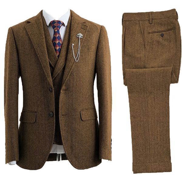 Men 3 Piece Suit Tweed Herringbone Double-Breasted Wedding Tuxedos Size Clothing 260708