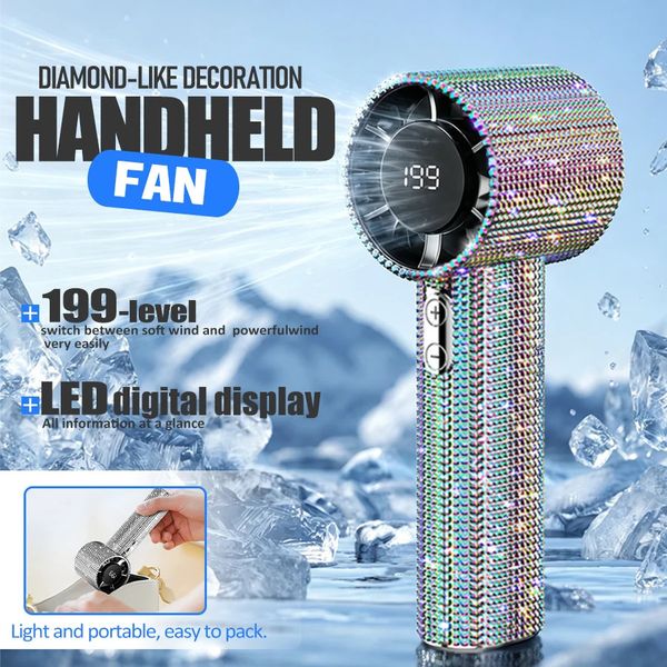 Glittering Diamond Portable Fan 199 Speeds USB Rechargeable Mini Fan with LED Display Bling Crystal Fan for Women/Girls Gift 260710
