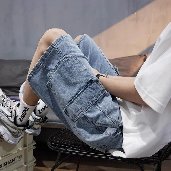 Summer Mens High Street Baggy Cargo Denim Shorts 2026 Y2K Vintage Drawstring Jorts Hip Hop Fashion Blue Short Jean Pants 260630BANJIA