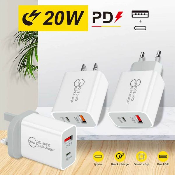 Travel Adapter Wall Charger 20W PD 3.0 USB C TO C Fast Power Plug Adapter Cable for Iphone Samsung Huawei Xiaomi US EU UK Plug