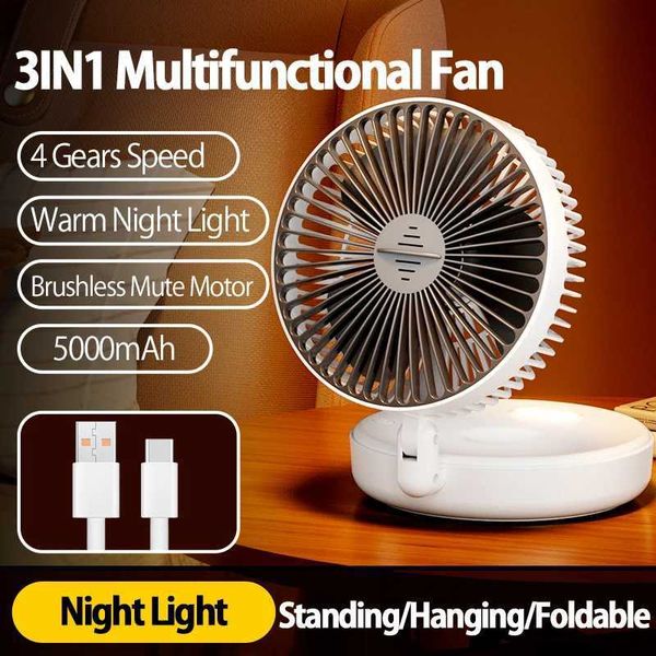 5000mAh Rechargeable 3IN1 Multifunctional Portable Fan Wall Mounted Fan 90 Folding Fan 4 Gears With Warm Night Light L2674