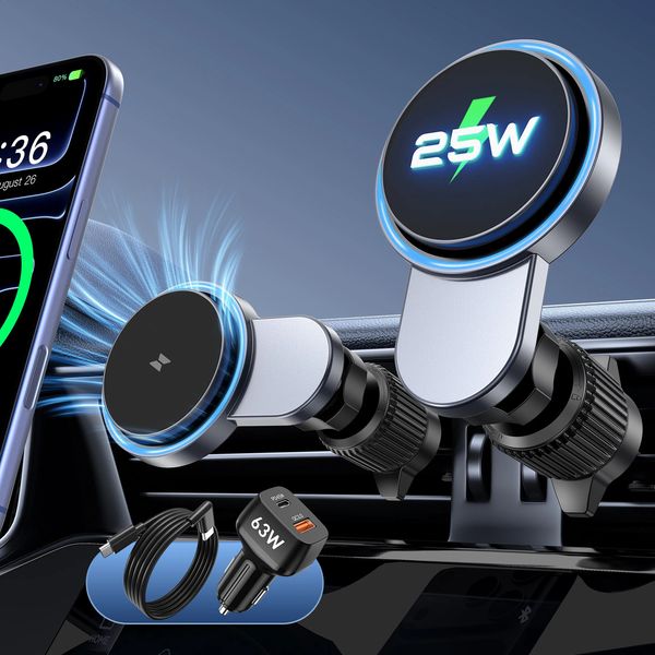 QI2 25W Magnetic Car Wireless Charger With 63W Car Charger For iPhone 17 16 15 Pro Max Macsafe Car Phone Holder Stand Mount Fast 260713