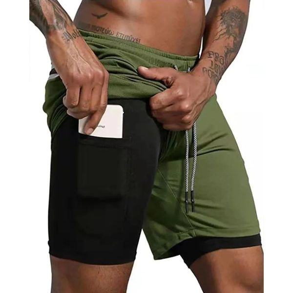 Men Fitness Built-in pocket sports Shorts Summer 2 In 1 Quick Dry Gym Beach shorts Running Double-deck Shorts mesh sweatpants 260717