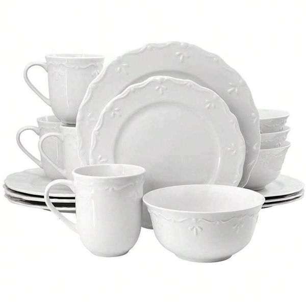 Henryi 16 Piece Embossed Rim Detail Porcelain White Dinnerware Set Tableware Serveware H260717