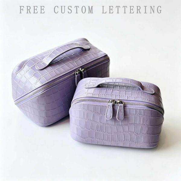 Genuine leather crocodile pattern cosmetic bag new purple cowhide large capacity portable travel handheld toiletry bag Q260718