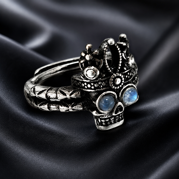 Gothic Skull Crown Ring for Men Antique Silver Tone Blue Cabochon Eyes Double Band Punk Biker Vintage Fashion Statement Jewelry Gift Free Shipping Buy One Get One