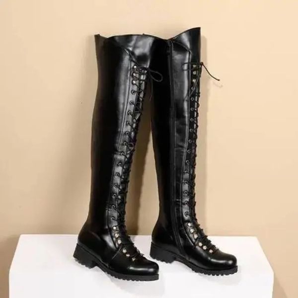 Retro Riding Lace-up Women Flat Thigh Boots Western Over The Knee Boots Fashion Women Shoes Round Toe Long Boots Winter 260720BJ