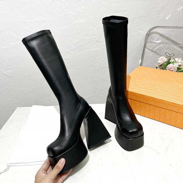 High tube Spice Girls Boots 2022 New Super High Heel Thick Sole Square Head Thick Heel Elastic Knee Length Boots T260720