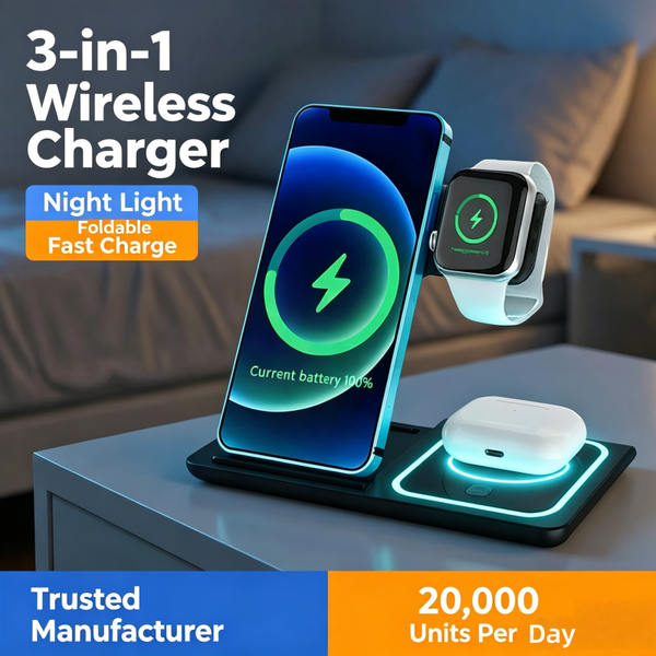 3-in-1 Foldable Wireless Charger Stand 15W Fast Charging Dock Station for iPhone 16 15 14 Watch AirPods Samsung