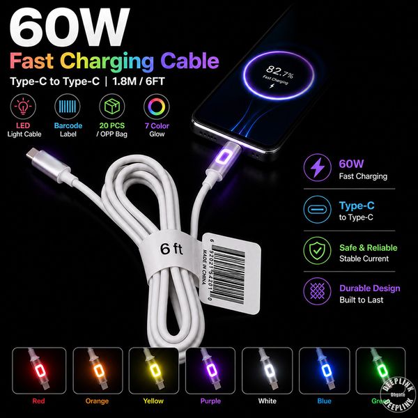 60W Fast Charging Cable 6FT Type-C Mobile Charging Cable LED Charger Cord 20 Pack in OPP Bag for Xiaomi Huawei Samsung with All Type-C Phones UPC Barcode Label