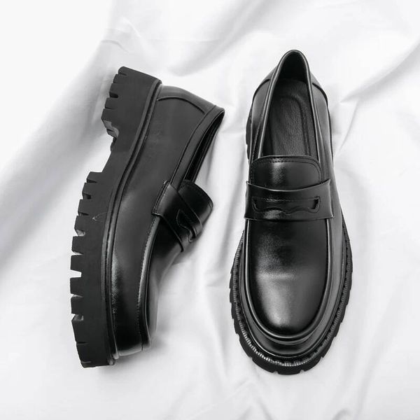 Leather Shoes Dress Shoes Loafers New Platform Loafers Men Thick-Soled Wedding Black Formal Business Slip-On Leather Increase Casual Shoes