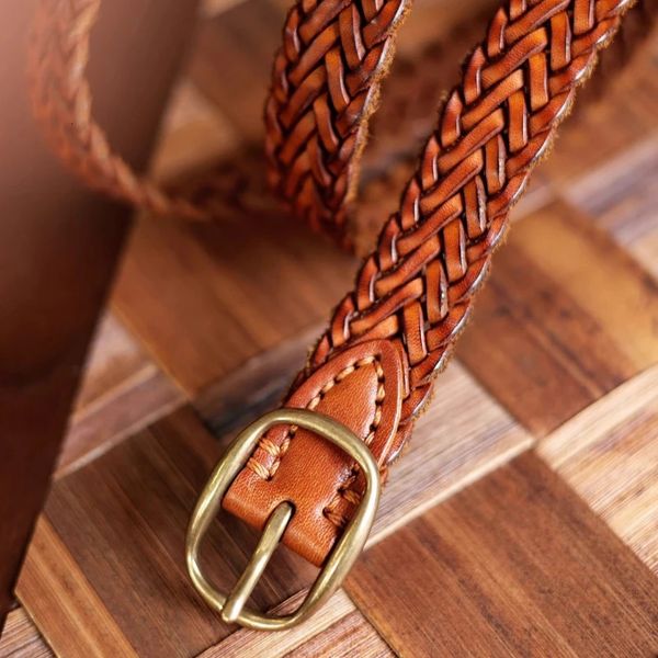 Retro Genuine Vegetable Tanned Leather Belt for Women with Pure Copper Button HandWoven Jeans Style Unisex Fashion y 260724