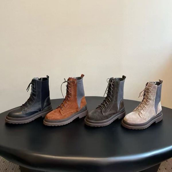 Women Chunky Platform Combat Boots, Round Toe Lace Up Side Zipper Mid Calf Ankle Booties, Vintage Suede Spliced Non Slip Thick Sole Fashion Martin Boots for Winter