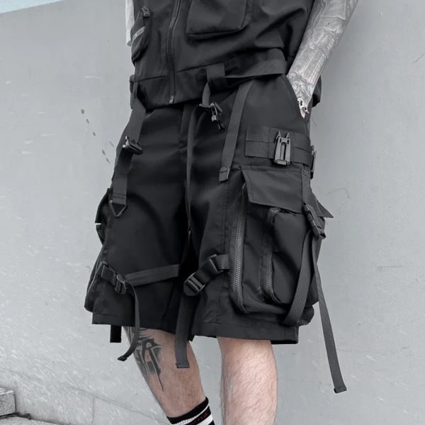 Multi Pockets Street Punk Hip Hop Cargo Shorts Mens Tactical Techwear Knee Length Wide Leg Short Pants 260729