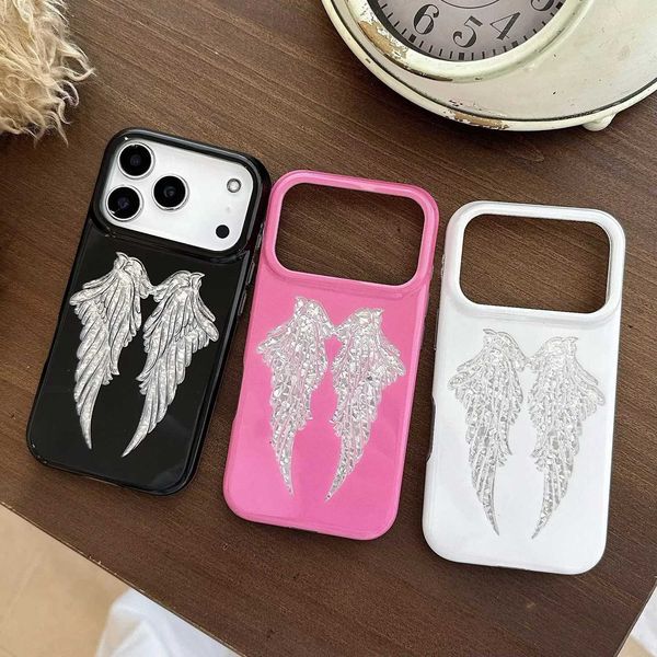 Cartoon Couple Cute Shiny Angel Baby Black Phone Case For iPhone 15 16 17 Pro Max 3D Luxury laser White Angel wings Cover J260731