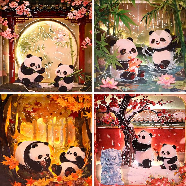 

Four Seasons Panda 3D Wooden Carving Night Light, Cute Chinese Style Home Decor Lamp