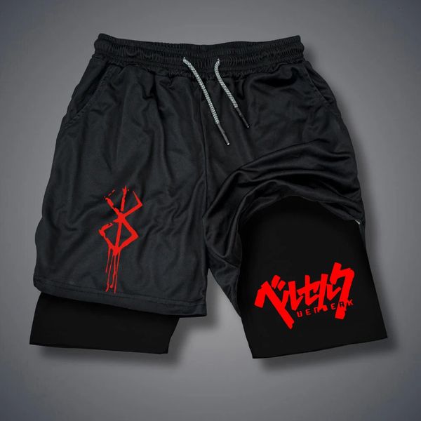 Men's Casual Black Graphic Print Compression Capris Shorts, Knit Acrylic Fabric with Drawstring Waist, 2-in-1 Workout Running Vacation Shorts