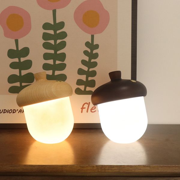 

Creative Acorn Shaped Ambient Night Light, Beech Wood Acrylic Decor Lamp, Touch Dimming Bedside Light
