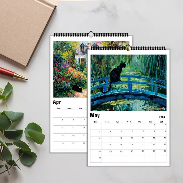 2026 Van Gogh Series Cat-Themed Wall Calendar, Self-Adhesive Creative Trends Design, Clear Cat Illustration Grid