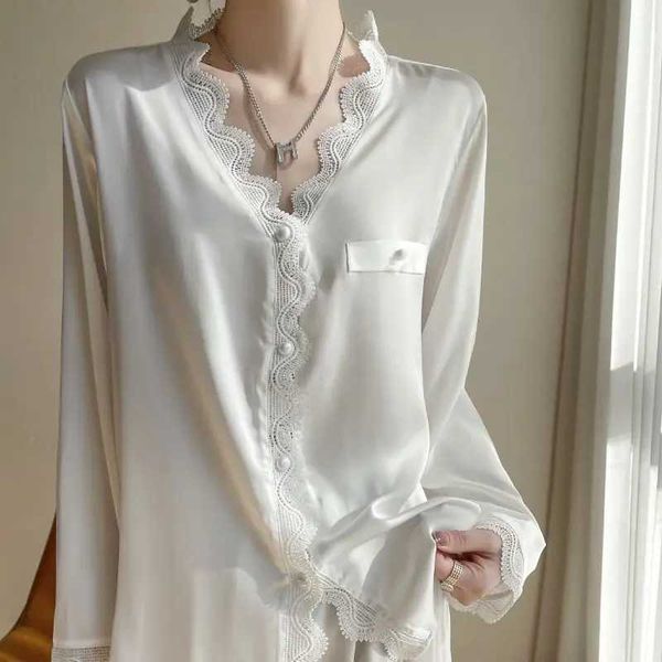Womens Silk Satin Lace Trim Sexy Pajamas Set Sleepwear Female V-neck Home Suit Gils Sleep Two Pieces Set Womens Loungewear XXL