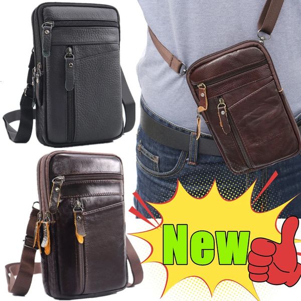 Genuine Leather Sport Belt Bag for Boys, Brown Mens Travel Waist Bag, Crossbody Phone Pouch, Plain Design