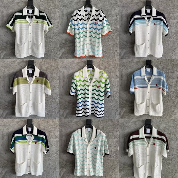 

2026 Casabalnc Top Designer Summer New Woven Hollow-Out Yellow Striped Shirt Men and Women Vintage Style Casual Loose T-Shirt Knit Cardigan Short Sleeve Sweater Coats, Indigo