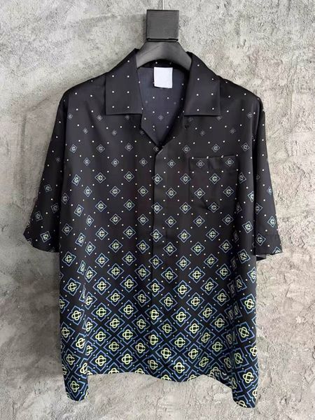 

2026 Casabalnc Top Quality Designer Gradient Silk Casual Shirt New Men or Women Hawaii Beach Vacation Style Vintage Print Loose Silk Short Sleeve Cardigan Thin Shirt, Darkred