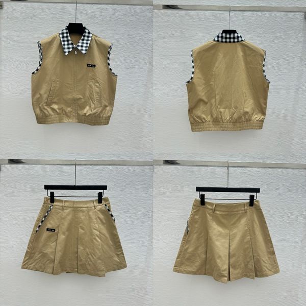 Casual Pleated Skirts Set Women Retro Khaki Vest Jacket High Waist Designer Letter Mini Outfits